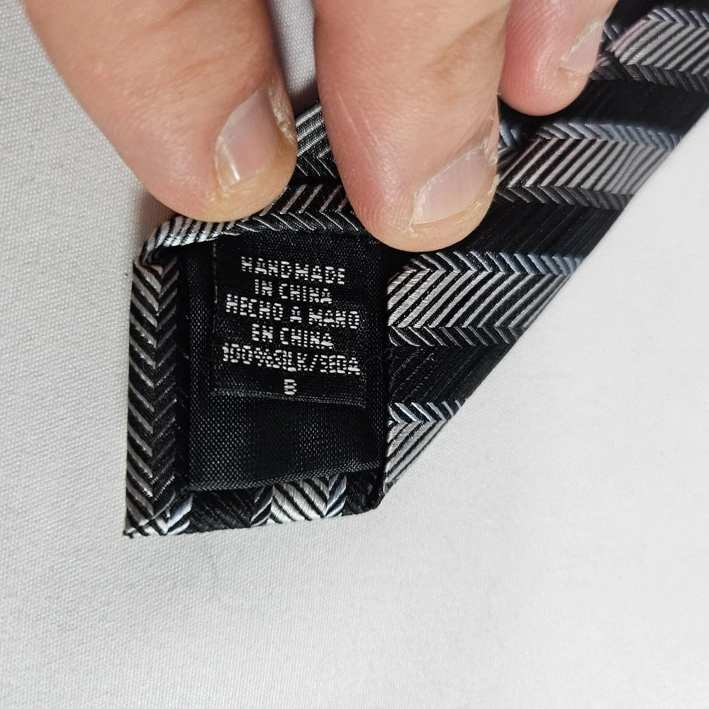 Cezani 100% Silk Hand Made Tie Black‎ Gray Stripes 4